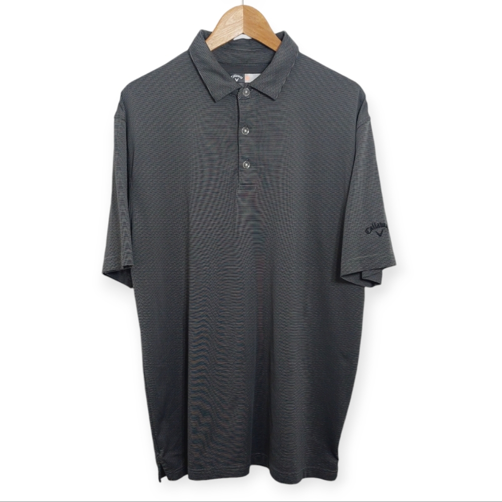 Callaway Men's Size Large Polo Shirt Golf Opti-Dri Gray Black Pin Striped